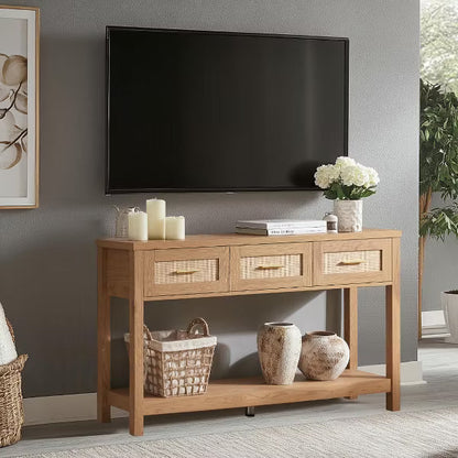 Resenkos Console Desk Table, Console Table, Entryway Table, Side Table, Display Table,Console Table with Rattan 3 Drawers, 2 Tier Long Behind Couch