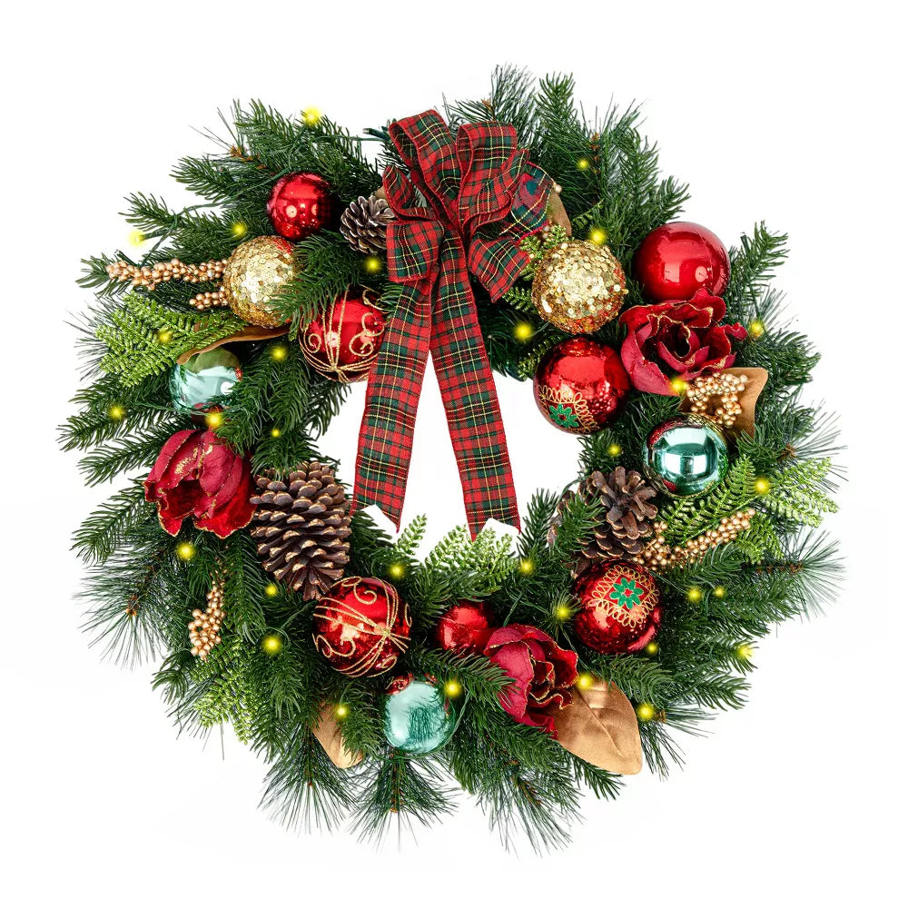 Romswi 24in Pre-Lit Artificial Christmas Wreath Realistic PE PVC Magnolia Battery-Powered Holiday Decoration with Timer LED Lights for Front Door