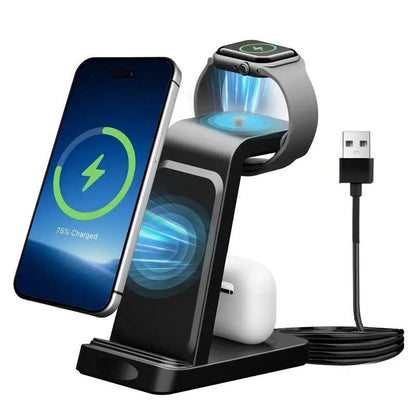 Z12 3-in-1 Wireless Charging Station with Apple Watch Charger, 15W Fast Charger for Phone AirPods Watch, Black, ABS+PC, Compact Hub