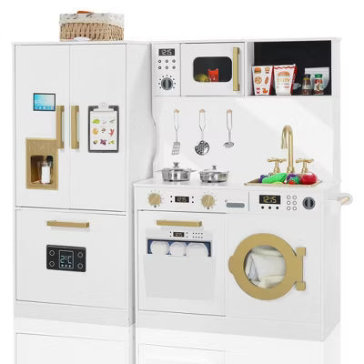 TODECARE Wooden Play Kitchen for Kids with Ice Maker, Freezer and Washing Machine, Gift for Boys and Girls Age 3+