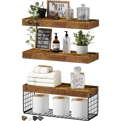 15.7" Rustic Brown Farmhouse Floating Shelves Set of 3, Wall Mount Over Toilet Storage for Towel & Toilet Paper