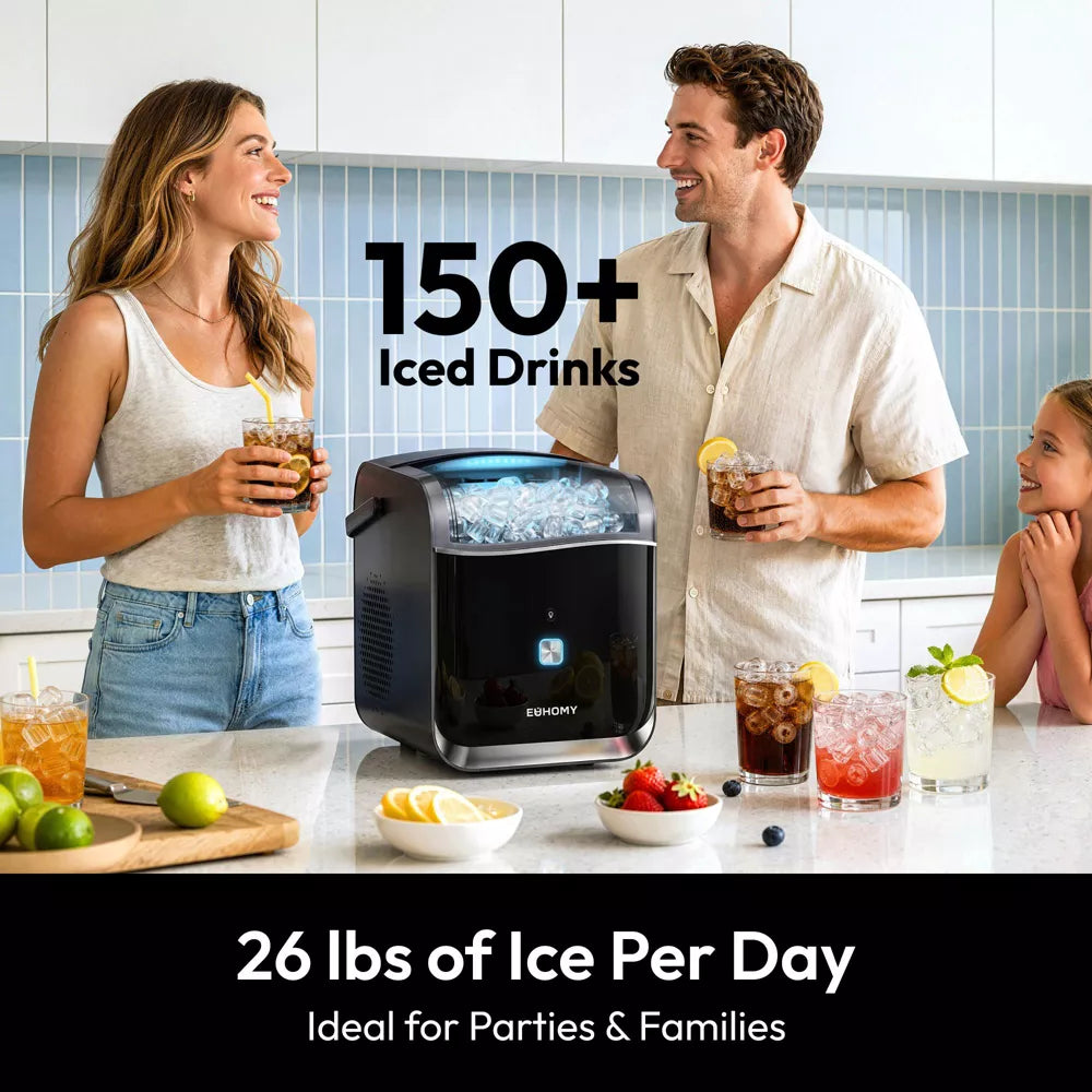 EUHOMY 26lbs Bullet Ice Maker Portable, 2 Ice Sizes, Smart App & Voice Control, Self‑Cleaning, Black