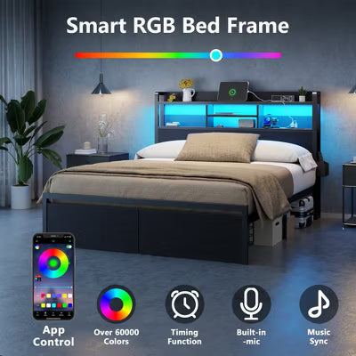Qwatto Full Size Platform Bed Frame With Storage Drawers Charging Station LED Lights Black Metal Wood Headboard Shelf No Box Spring Needed Home