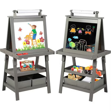Kinder King 3 in 1 Kids Art Easel w/Storage Double-Sided Magnetic Whiteboard & Chalkboard Dry-Erase Board w/Paper Roller