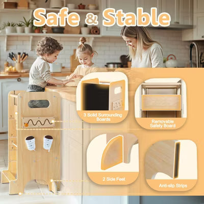 KOLIGEY Beige Toddler Tower 4-in-1 Multifunctional Kitchen Stool Helper with Removable Safety Board, Adjustable Heights