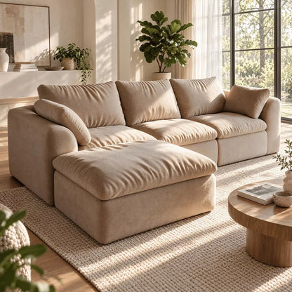 Laukingdom 96.5" L‑Shaped 4‑Seat Modular Sectional Sofa with Single Chaise, Deep‑Seat Corner Couch, Textured Woven Fabric Sofa for Living Room