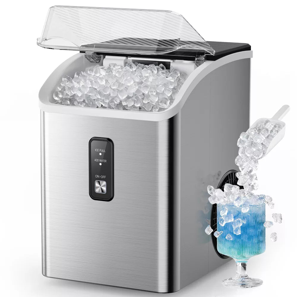 Simzlife Nugget Ice Maker 35 Lbs/24H Countertop, Fast 7-Min Ice Ready, Self-Cleaning System & Thick Insulation, Silver