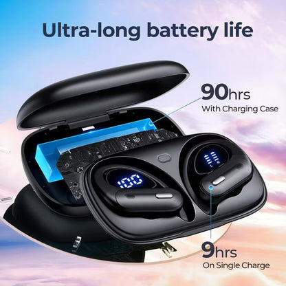 Active Noise Cancelling Wireless Earbuds Bluetooth Headphones 90 Hrs Playtime Ear Buds with Power Display Over-Ear Earphones with Earhooks IPX7 Black