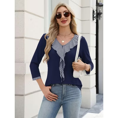 Zeagoo Women's Striped Ruffle V Neck 3/4 Sleeve Color Block Casual Blouse Top-Dark Blue-L