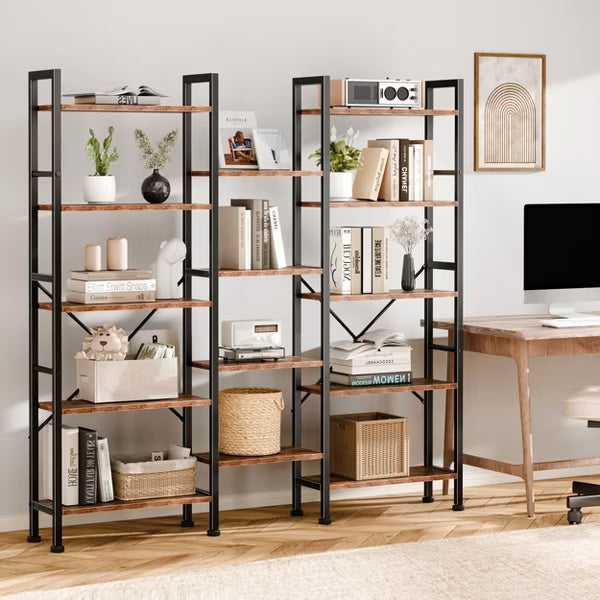 Qwatto Brown 5 Tier Bookshelf 14 Open Display Shelves Wood Metal Storage Organizer Industrial Wide Shelving Unit Freestanding Etagere in Home Office