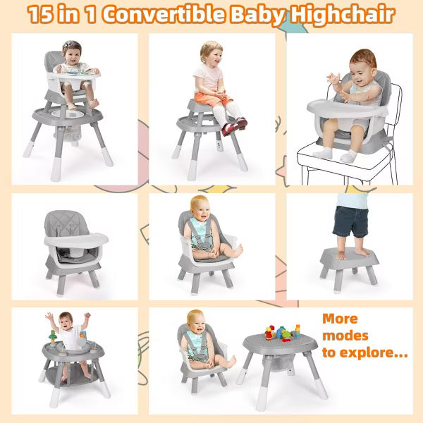 TODECARE 15-in-1 Convertiable High Chair for Babies and Toddlers, Highchair & Activity Center, Booster Seat w/5-Point Harness & Removable Tray, Gray