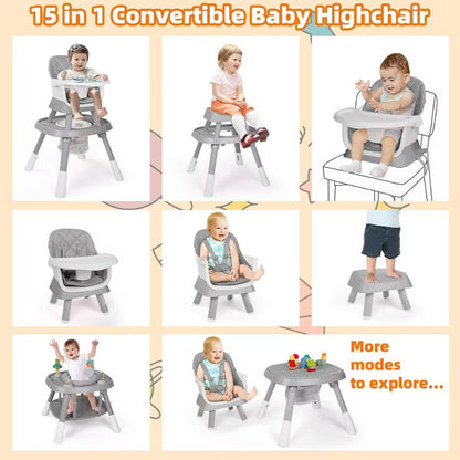 TODECARE 15-in-1 Convertiable High Chair for Babies and Toddlers, Highchair & Activity Center, Booster Seat w/5-Point Harness & Removable Tray, Gray