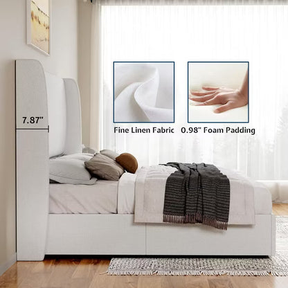 King Bed Frame with Lift Up Storage,Linen Upholstered Platform Bed,Wingback Headboard,White