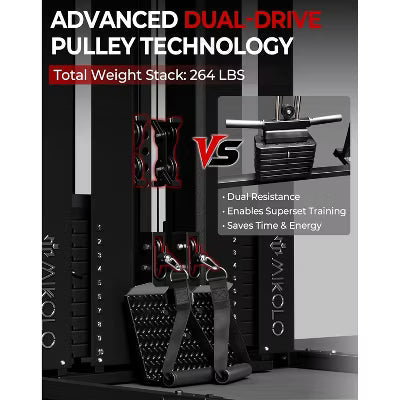 Mikolo Smith Machine with 264LB Weight Stack, Power Cage Home Gym System with LAT Pulldown & Cable Crossover