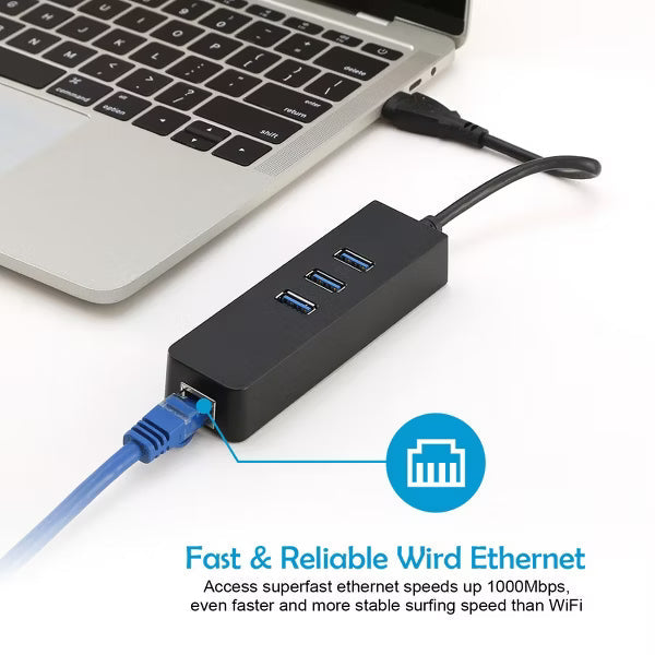 3-Port USB 3.0 Hub with Gigabit RJ45 Ethernet Adapter, Up to 5Gbps USB and 10/100/1000Mbps Wired Network Connectivity - Black