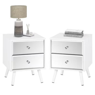 Set of 2 Modern Mirrored 2-Drawer Nightstands/Beside Table with Solid Wood Legs - White