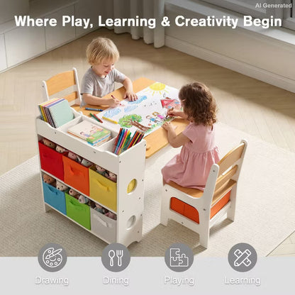 TODECARE Kids Table and Chair Set with Storage Bins and Paper Roll, Toddler Furniture Set, Natural