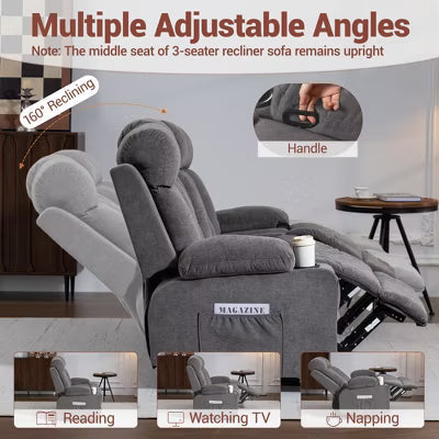 Bosmiller Manual Recliner Sofa Set, 3 Piece Reclining Living Room Furniture Sets with Cup Holders for Home Theater, Office (Grey, Sofa+Chair+Chair)