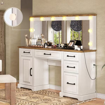 AMERLIFE 55" W Makeup Vanity with Hollywood Mirror, Glass Top Vanity with 5 Drawers