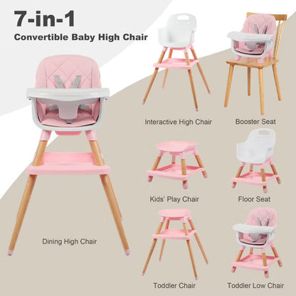 Kinder King 7 in 1 Baby High Chair Convert to Wooden Feeding Chair Removable Tray 5-Point Harness Gray