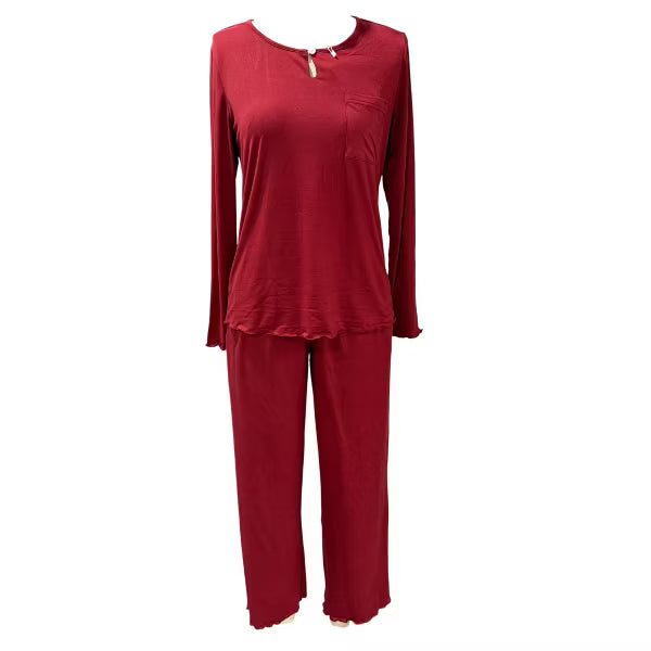 Ekouaer Womens Modal Knit Pajama Sets Keyhole Long Sleeve 2 Piece Pj Sets Soft Ruffle Trim Casual Lounge Sets Black S