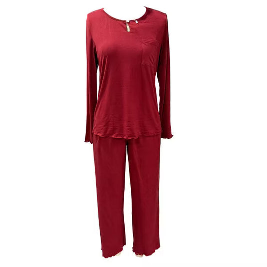 Ekouaer Womens Modal Knit Pajama Sets Keyhole Long Sleeve 2 Piece Pj Sets Soft Ruffle Trim Casual Lounge Sets Black S