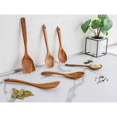 6-Piece Wooden Kitchen Utensil Set, Wooden Cooking Spoons and Serving Spoons for Nonstick Cookware