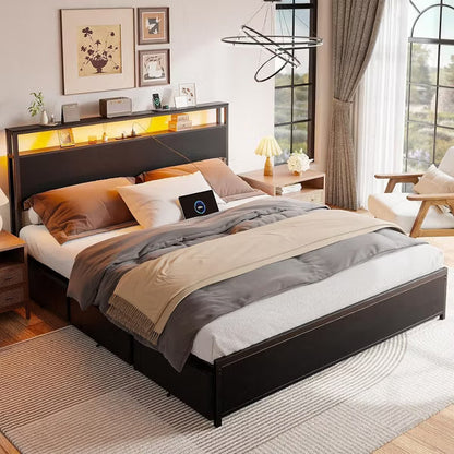 Qwatto Queen Bed Frame 6 Drawers Storage Headboard LED Lights Charging Station Metal Platform Bed Black No Box Spring Needed Noise Free 2 Tier Shelf