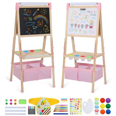 TODECARE Kids 3-in-1 Adjustable Kids Art Easel with Magnetic Whiteboard, Chalkboard, Paper Roll and Storage, Pink