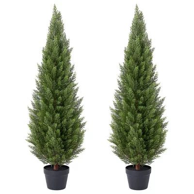 DR.Planzen Artificial Cedar Tree, 3/4/5/6ft Faux Tree with Realistic Trunk, UV Resistant Fake Tree for Porch Patio Indoor & Outdoor Home Décor 2 Pack