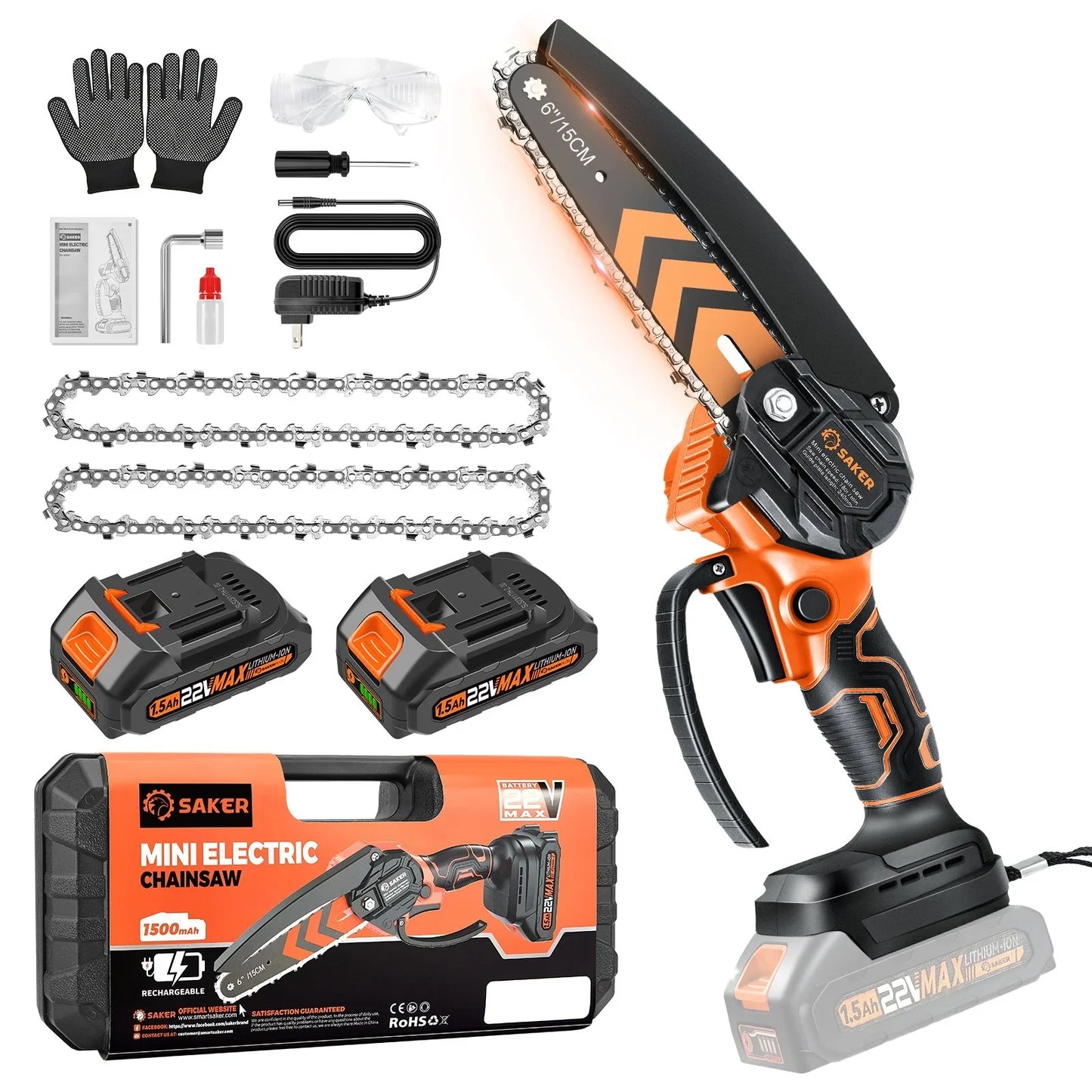Saker 6 inch Cordless Mini Chainsaw with 2 22V 1500mAH Batteries, Portable Handheld Chainsaw with LED Indicator for Tree Trimming, Gardening, and Household Use, Orange