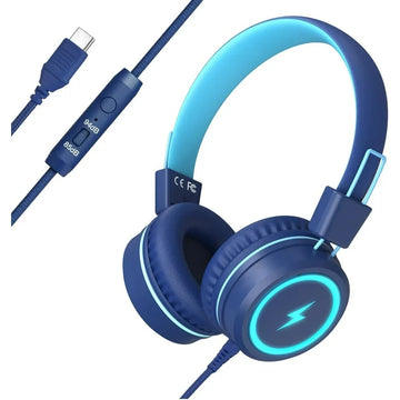Seenda Wired Kids Headphones with LED Lights, Microphone and Upgraded Type C Connection, 85/94dB Safe Volume, On Ear Headphones for Boys/Girls/School Supplies/Tablet, Blue, New