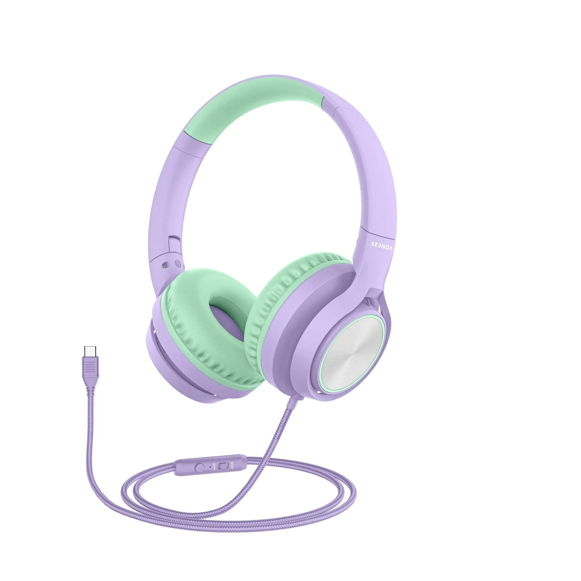 Seenda Wired Kids Headphones with Microphone, 90  Rotatable Earpads, and Upgraded Type C Connection, 85/94dB Safe Volume, On Ear Headphones for Boys/Girls/School/Tablet, Green/Purple, New