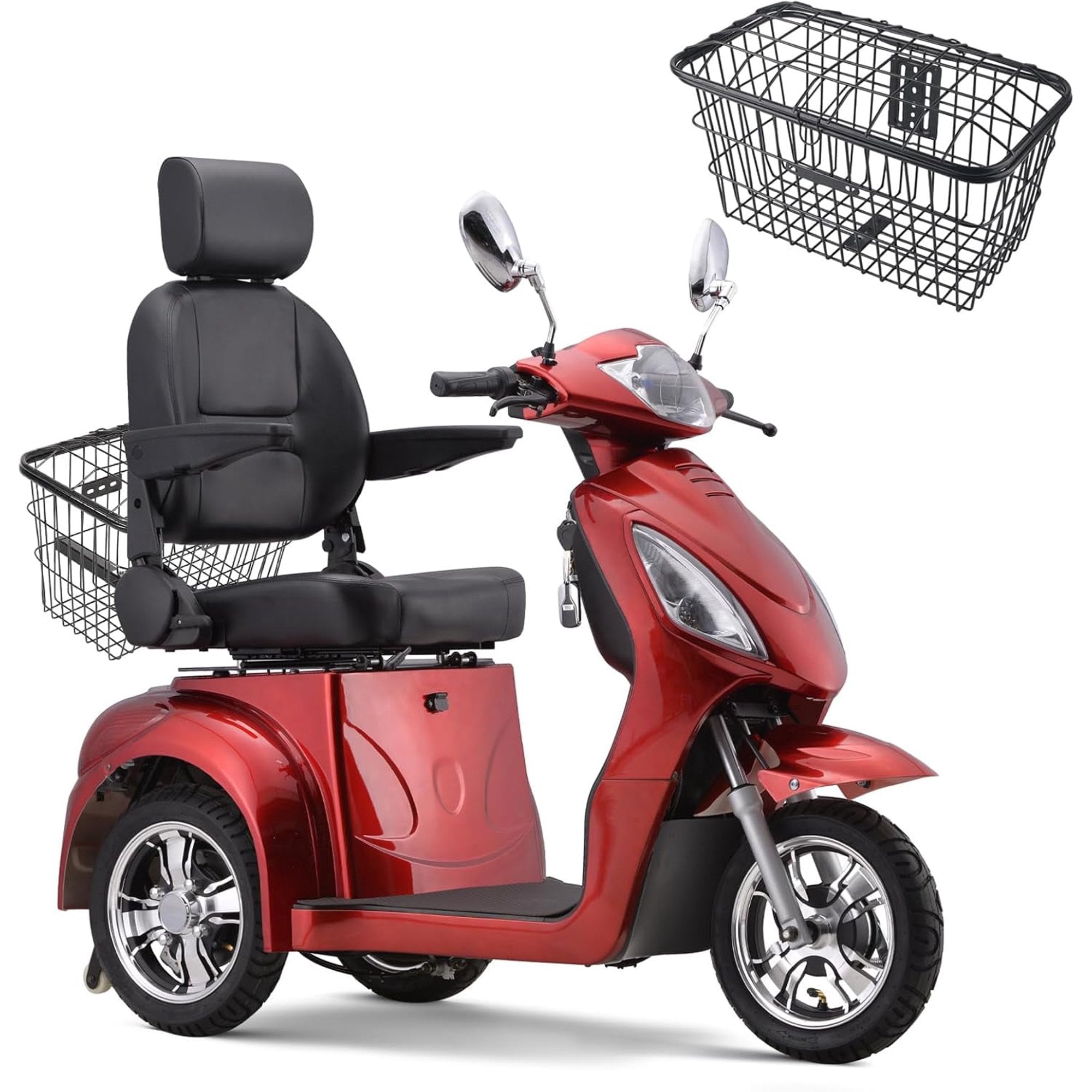 Super Large Electric 3 Wheel Mobility Scooters, Heavy Duty 800W Wheelchair Device, 500 LBS Capacity for Seniors  Adults, Speed Adjust, Remote Key, Receive Ready to Ride.（Red）