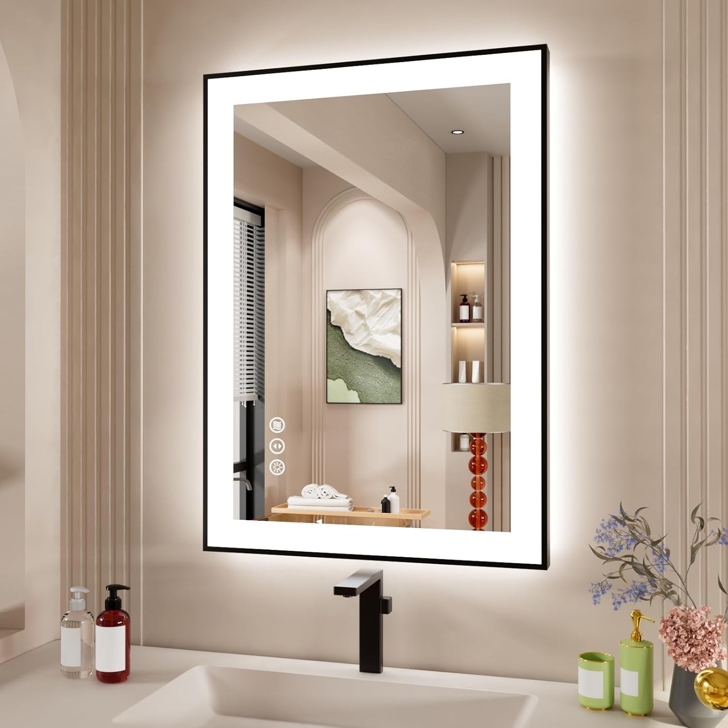 Swafrrt 20 X28 Anti fog LED Lighted Bathroom Wall Mirror with Black Frame, Dual Light Source and Three Lighting Modes, Shatterproof, Memory