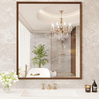 Swafrrt 22 x 30  Bathroom Wall Mirror with Walnut Wood Grain Framed, Vanity Mirror Anti Rust, Anti Fog, Waterproof