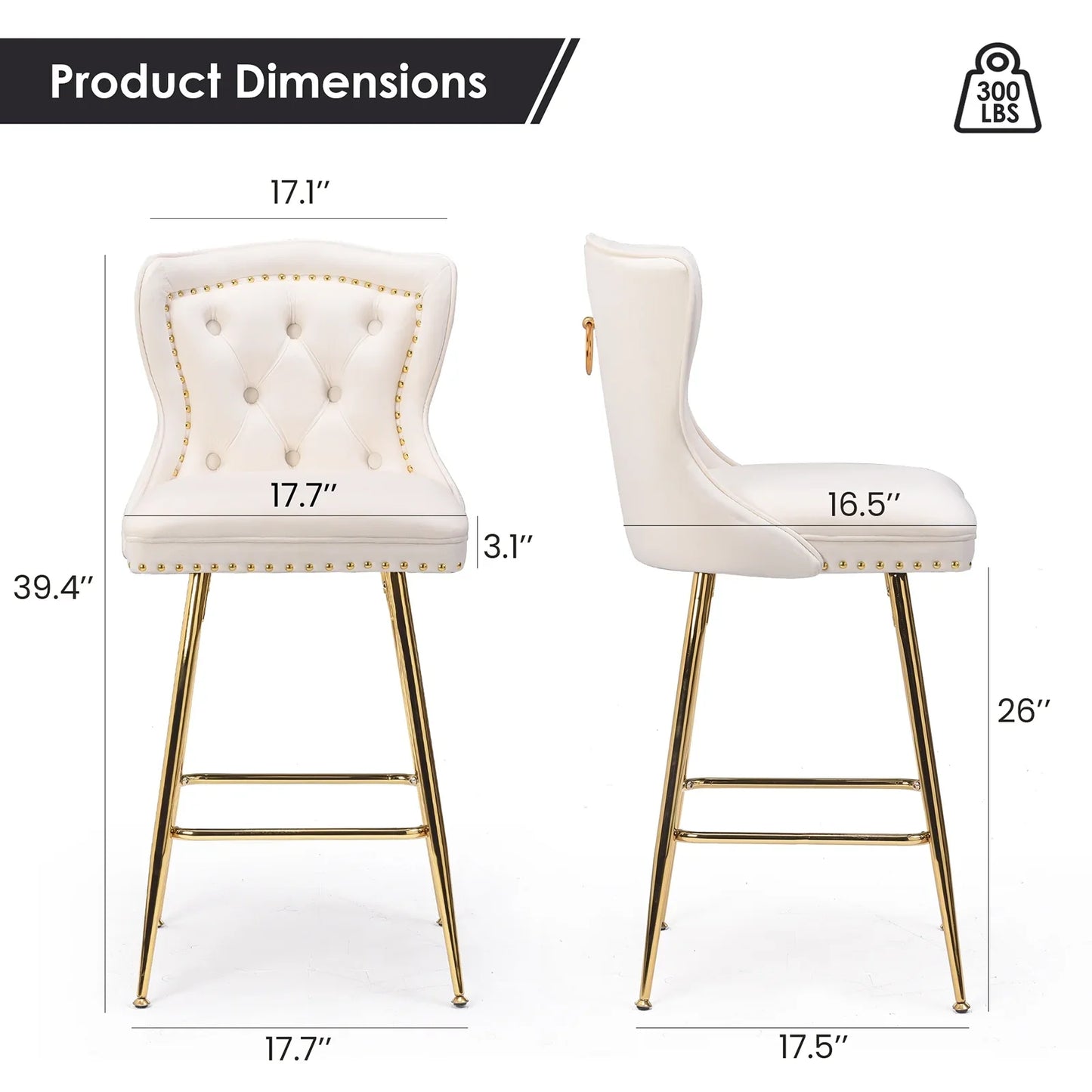 Farini Bar Stools Set of 4, Velvet Counter Height Stools with Metal Legs for Kitchen, Dining Rooms, Pubs (Beige, 26")