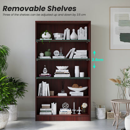 Farini 5 Tiers Bookcase, Wooden Bookcase with Adjustable Shelves for Home, Office, Mahogany