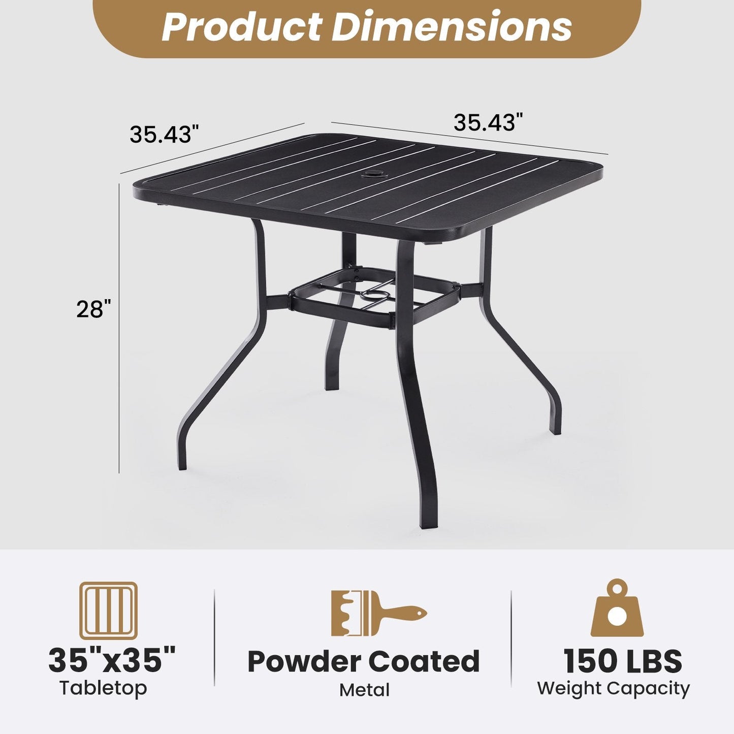 Farini Patio Dining Table 35"x35", Square Outdoor Dining Table with 1.57" Umbrella Hole for Patio Graden Backyard and Poolside