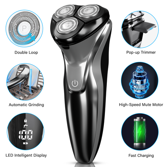 Cordless Electric Razor for Men - Precision Shavers for Man for Beard/Nose/Sideburns, Wet & Dry Razors with Pop-Up Trimmer, USB Plug-and-Play, LED Display，IPX7 Waterproof, Black