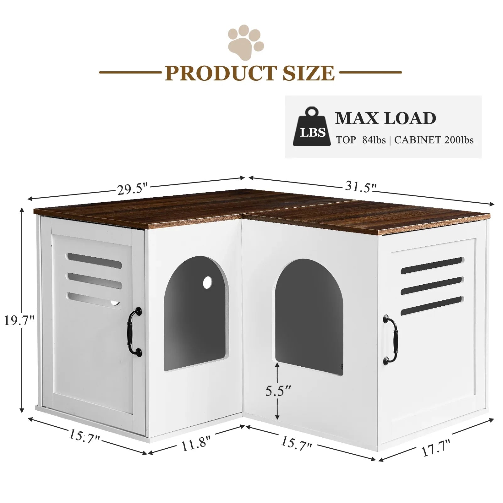 JanflyHome Litter Box Enclosure Furniture, Farmhouse Corner Cat Litter Box Enclosure for 2 Cats with 2 Silicone Food Bowls, White