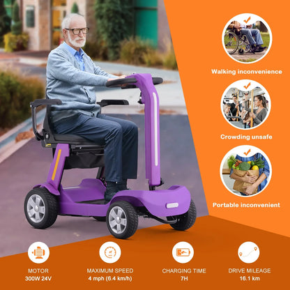 4 Wheels Mobility Scooter for Adults  Senior, Foldable Lightweight Powered Device for Travel, with LED Strip Light, Storage Bag, Charger Included, No Assemble Required (Purple)