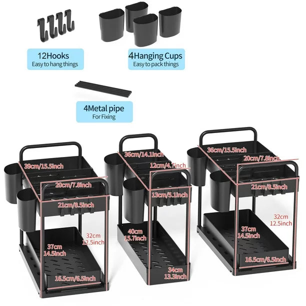 RELOIVE 3Pack Under Sink Organizer, 2 Tier Multi-Purpose Large Capacity Kitchen Under Sink Organizers And Storage Easy Access Sliding Storage Drawer With Hooks And Hanging Cup For Bathroom Under Sink