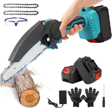 RELOIVE 6 inch Mini Cordless Chainsaw with 2x2000mAh Batteries 2 Chains,Electric Handheld Chainsaw ,Battery Powered Chain Saws with Safety Lock,Splash Guard for Trimming Trees Wood Cutting