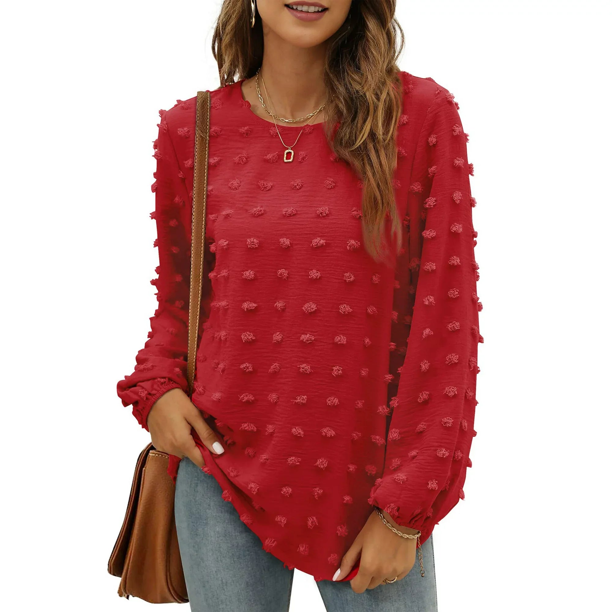 Fantaslook Womens Blouses Long Sleeve Crewneck Tops Chiffon Casual Pom Pom Shirts