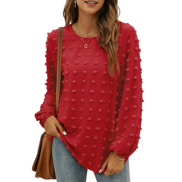 Fantaslook Womens Blouses Long Sleeve Crewneck Tops Chiffon Casual Pom Pom Shirts