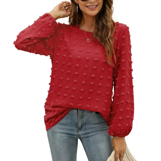 Fantaslook Womens Blouses Long Sleeve Crewneck Tops Chiffon Casual Pom Pom Shirts