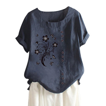 Apepal Womens Short Sleeve Button Down Cotton Linen Shirt Blouse Loose Fit Casual Crew Neck Tops Navy XL