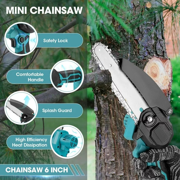 RELOIVE 6 inch Mini Cordless Chainsaw with 2x2000mAh Batteries 2 Chains,Electric Handheld Chainsaw ,Battery Powered Chain Saws with Safety Lock,Splash Guard for Trimming Trees Wood Cutting