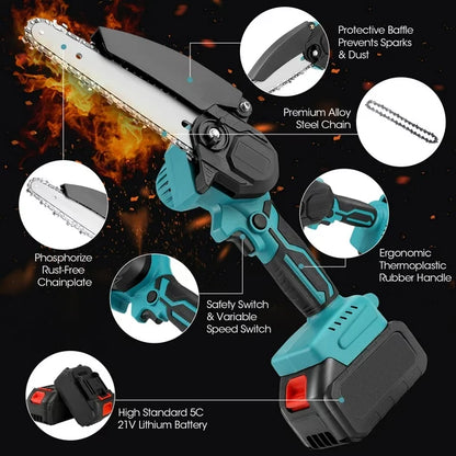 RELOIVE 6 inch Mini Cordless Chainsaw with 2x2000mAh Batteries 2 Chains,Electric Handheld Chainsaw ,Battery Powered Chain Saws with Safety Lock,Splash Guard for Trimming Trees Wood Cutting